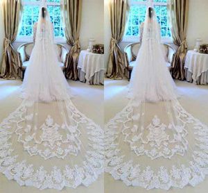 Custom Made White Lace Véus De Noiva 2016 de Eifflebride com Applique Lindo Embelezado Cerca de 3 Metros de Catedral Véus De Noiva Longos