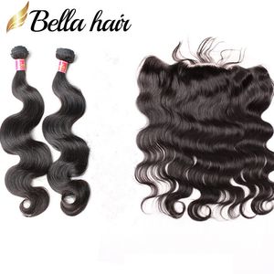 Bella Hair 8A Chiusura frontale in pizzo con fasci di capelli Estensioni vergini brasiliane non trattate Colore nero naturale Onda del corpo umana