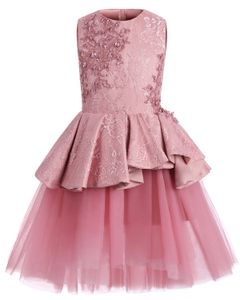 Sevimli Pembe Pageant Elbiseler Jewel Boyun Kolsuz Dantel Kısa Katmanlı Ruffles Çiçek Kız Tül Etek Doğum Günü Partisi Gerçek Görüntü