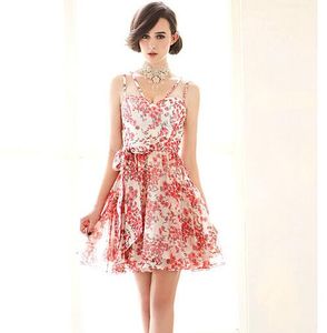 Hot moda feminina vestido elegante flores impressão cintas vestido de coquetel da senhora chiffon vestidos casuais