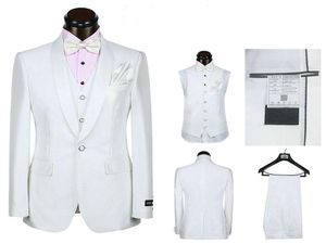 5 parça Beyaz Takım Elbise Damat Smokin Şal Yaka Bir Düğme Groomsmen Erkekler Düğün Tatil Özel Made Giymek (Ceket + Pantolon + Kravat + Yelek + mendil)