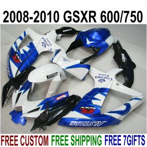 SUZUKI GSX-R750 GSX-R600 için ABS kaporta kiti 2008 2009 2010 K8 K9 mavi beyaz Corona gişeleri seti GSXR 600 750 08-10 TA38