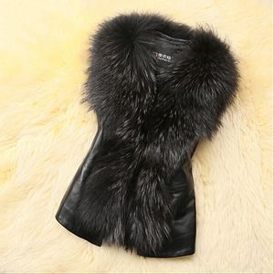 Wholesale-Women Faux Fur Leather Vest Outerwear Coat Jacket Waistcoat Fur Collar Gilet Hot Sale