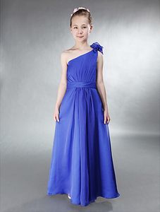 A-line Bir Omuz Kolsuz Kat-Uzunluk Şifon Kraliyet Mavi Genç Nedime Elbisesi