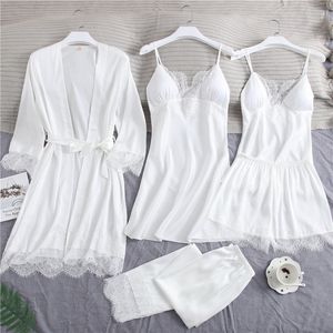 Sexy Full Slip Lace White Silk Pajamas Set Women 5PCS Chemise Bride Wedding Robe Nightgown Sleepwear Kimono Bathrobe Lingerie Q0720