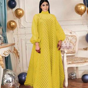 Vestidos de camisa amarelo Plus tamanho 4xl manga comprida ver através de colar de suporte listrado uma linha de grandes dimensões transparentes verão casual vestes 210527