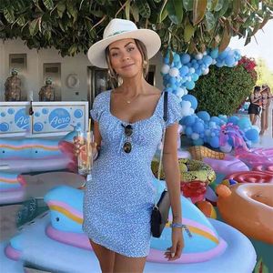 Retro Puf Kol Vintage Mavi Elbise Kadın Yaz Lace Up Kısa Mini Beach Tatil Petite Boho Vestidos 210427