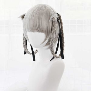 Японские аниме kakegurui Kirari Momobami 35 см Короткие парики Серые косы в стиле COSPLAY WIG + WIG CAP Y0913
