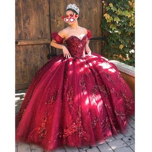 Блестящие бордовые платья Quinceanera с блестками, 2021, скромное, милое, 16 выпускных, бальное платье для дня рождения, платья дебютантки, Vestidos