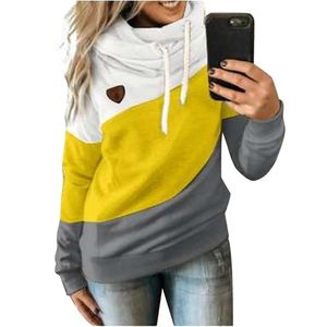 Sonbahar Kış Kadın Kukula Boyun Renk Blok Patchwork Güz Hoodie Kazak Uzun Kollu Kazak Rahat Sıcak Kapüşonlu 5XL 210809 Tops