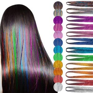 90 cm Länge, glitzerndes, glänzendes Haar-Lametta, Regenbogen-Seidenhaar-Verlängerungen, verblüfft Hippie-Frauen zum Flechten von Kopfschmuck