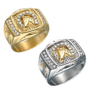 Fashion Gold Hip hop horse head ring For Men Stainless Steel Rock Punk Cool Biker Thoroughbred Racing Association Animal Rings Jewelry With Crystal Stones
