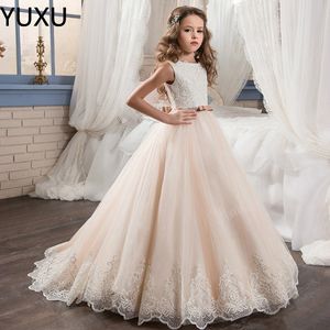 2022 Yeni Çiçek Kız Elbise Düğünler Için Gül Altın Payetli Dantel Sequins Yay Aç Geri Kolsuz Kızlar Pageant Elbise Çocuklar Communion Gowns