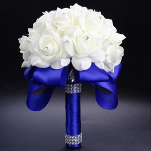 Düğün Partisi Hediyeler Zarif Gül Yapay Gelin Çiçekler Gelin Buket Kristal Kraliyet Mavi İpek Şerit Buque De Noivablue Buket