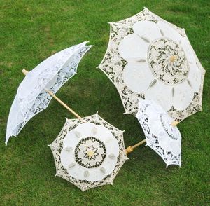Dantel Gelin Güneş Şemsiye-Beyaz Nedime Şemsiye Pamuk Nakış Fildişi Bağcıkları Şemsiye Gelinler Düğün Umbrellas SN2933