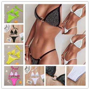 Verão Diamond Rhinestone Bikini Set para Mulheres Colete Tanque Bras + Shorts Swimsuit 2 Peça de Swimwear Swimwear Swimwear Natação Conjuntos de Banhos