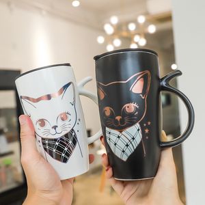 640 мл большой черный и белый кошка чашка воды керамическая милая кофе кружка высокие кружки животных с крышкой пару пьет
