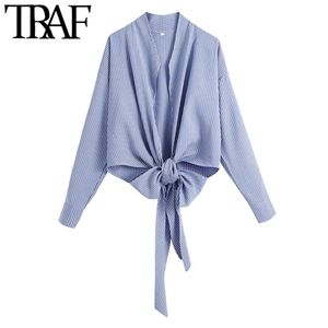 TRAF Kadınlar Moda Papyon ile Çizgili Wrap Bluz Vintage V Boyun Uzun Kollu Kadın Gömlek Blusas Chic Tops 210415