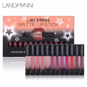 Langmanni 12 Dudak Parlatıcısı Matt Lipstik Set Makyaj Siyah Ruj Seti Yapışmaz Fincan Su Geçirmez Mat Kadife Lipgloss Kalıcı Yüksek Değer Dudaklar