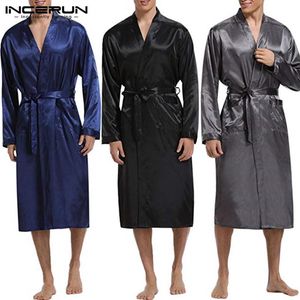 Men's Sleepwear INCERUN Mens Silk Satin Robes Pajamas Long Sleeve Solid Kimono Male Bathrobe Leisure Men Loungewear Dressing Gown 2021
