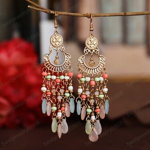 Fashion Bohemian Long Dangle Brincos Mulheres Feriado Feriado Verão Ventilador Vermelho Cristal Bead Borla casamento Brinco Indiano Jóias