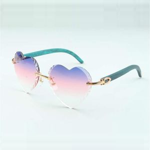 Óculos de sol com lente cortante em formato de coração mais vendidos 8300687 com hastes de madeira natural azul-petróleo tamanho 58-18-135 mm