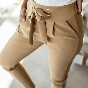 Начало талии повседневные женские брюки осень зима черные розовые капри высокие брюки гарема длинные карманы 210427