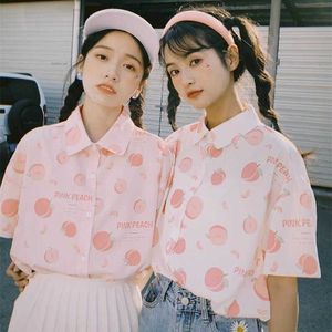 Şeftali Baskılı Gömlek Japon Tiki Tarzı Eğlenceli Yumuşak Kız Öğrenci Gevşek Yaka Şifon Kısa Kollu Yüksek Sokak Bluz Kawaii Top 210526