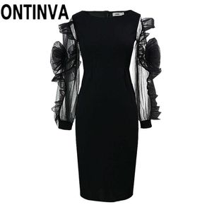 Черное платье Bodycon сетки флоры с длинными рукавами плюс размер сексуальные элегантные мелочные женщины Vestidos Verano Party Office 210527