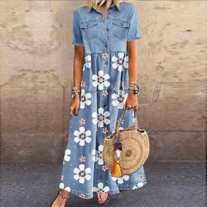 Verão Print Denim Dress Mulheres 2021 Botão Casual Up Bolso Blue Blue Manga Curta Maxi Vestidos Plus Size Longo Vestidos Vestidos 5XL Q0712