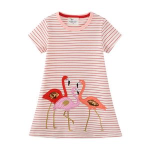 Kızlar flamingo nakış boncuk çocuk elbiseleri pamuk şerit yaz kısa kollu toddler doğum günü elbise