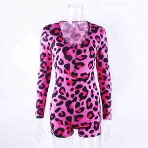 OMSJ EST Pembe Leopar Baskı Bodysuit Kadınlar için Seksi Uzun Kollu Skinny Tulum Rahat Gecelik Pijama Onesie Genel 210517