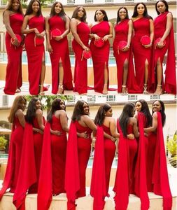 2021 Ucuz Arapça Kırmızı Mermaid Gelinlik Modelleri Bir Omuz Yan Bölünmüş Kat Uzunluk Uzun Düğün Konuk Elbise Örgün Hizmetçi Onur Törenlerinde