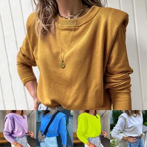 Kadın Moda Katı Renk Uzun Kollu Omuz Pedleri Pamuk Polyester Kazak Yuvarlak Boyun Bluz Rahat Hoodie Sweatshirt Kadınların Hoodi Tops