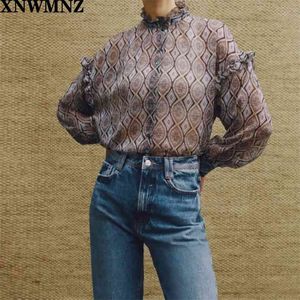 Kadın Moda Ruffled Bluz Vintage Yüksek Boyun Uzun Kollu Kadın Şık Fırfır Trims Kollu Yaka Üzerine 210520 Tops