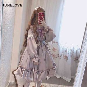 Alice Wondeland'da Sevimli Kadın Lolita Op Elbise Flouncing Dantel Trim Japon Harajuku Uzun Kollu Bebek Teen Peri Vestidos 210623