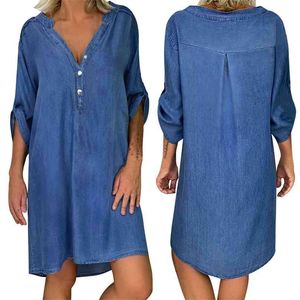 Kadınlar Sonbahar Mavi Demin Gevşek Mini Elbise Rahat Derin V Boyun Yarım Kollu Kore Tarzı Vestidos Katı Güz Gömlek Kısa 210507