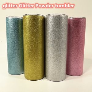 Glitter Tozu Tumbler 20 oz Düz Tumblers Paslanmaz Çelik Fincan Parlak Kupa Çift Duvar Kapakları ve Saman Ile Çift Duvar