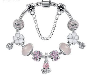 925 Ayar Gümüş Murano Lampwork Pembe Kiraz Çiçeği Boncuk Emaye Çiçek Charms Fit Avrupa Pandora Bilezikler Kadınlar DIY Charm Boncuk Yılan Zincir Moda Takı