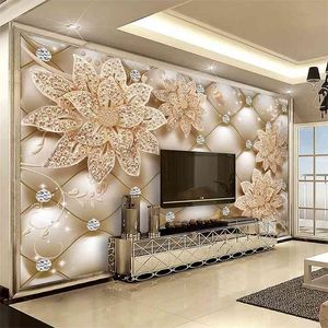Po обои европейский стиль 3d алмазные цветки украшенные фрески гостиной телевизор диван фон стены для стен 3d фрески 210722