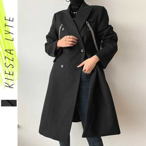 Kadınlar Siyah Yün Ceket Pist Moda Gümüş Zincir Kalınlaşmak Uzun Ceketler Katı Mont Paltolar Kadın Dış Giyim Yüksek Kalite 210608