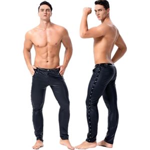 Erkekler Siyah PVC Faux Patent Deri Pantolon Kulübü Aşınma Sahne Sıska Pantolon Streç Tayt Seksi Lateks Uzun Pantolon Dans Kostüm X0615