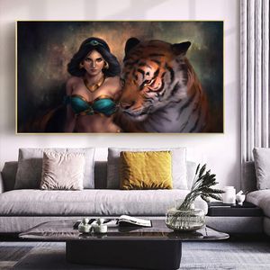 África Mulher e Tigre Cartazes e Impressões Pintura De Lona Fotos Arte Da Parede Para Sala De Living Decoração Decoração de Casa Animal Portrai