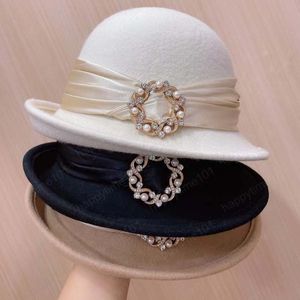 Sonbahar Kış Inci Pin Grace Şerit Resmi Yün Lady Kova Kap Kadın Eğlence Şapka