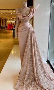 Румяно-розовые вечерние платья Сексуальное прозрачное кружево в индийском стиле с длинным рукавом с высоким воротом плюс размер Дубай Женские вечерние платья для выпускного вечера
