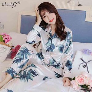 Plus Size M-5XL Pyjamas Autumn Winter Women Silk Satin Tops +Long Pants Pajamas Set NightSuit Female Sleepwear Sets Night Wear 210924