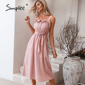 Açık Pembe Spagetti Kayışı Orta Kadın Rahat Ruffled Yüksek Bel Dantel-up Yaz Elbise Fshion Kolsuz Vestido 210414