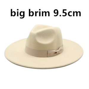 9.5 cm Büyük Ağız Yün Fedora Şapkalar Yay Kemerleri ile Keçe Kadın Erkek Büyük Basit Klasik Caz Kapaklar Katı Renk Örgün Elbise Kilise Kapak