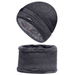 Sıcak Satış 2 ADET Kayak Kap ve Eşarp Soğuk Sıcak Deri Kış Şapka Kadın Erkek Örme Şapka Bonnet Sıcak Kap Yün Skullies Beanies Y21111