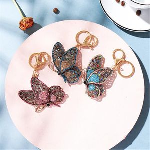 Mavi Fly Kelebek Kristal Anahtarlık Bling Rhinestone Altın Anahtar Yüzük Kadın Çantası Kolye Aksesuarları için Steampunk Takı